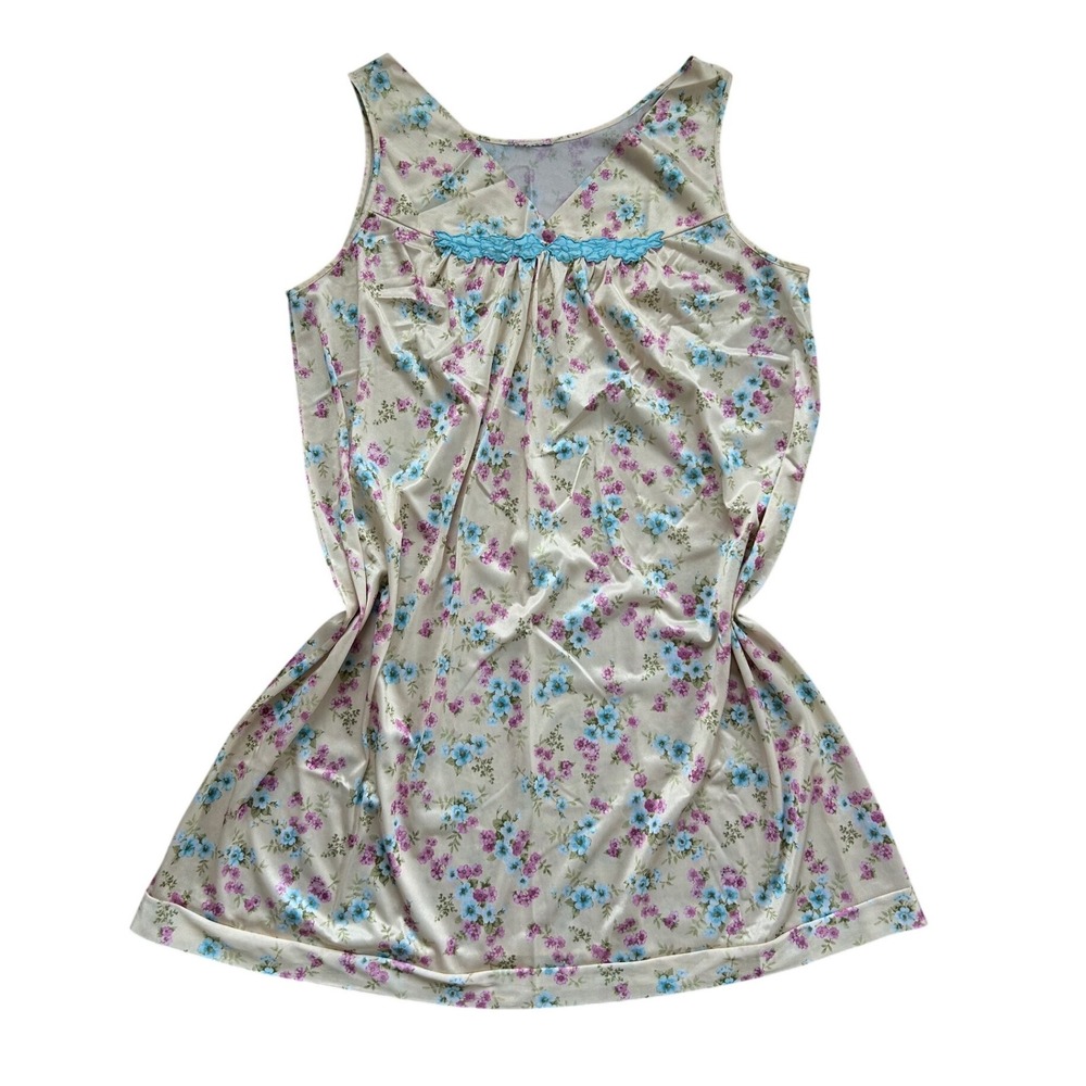 Vintage Butter Yellow Floral tradional Nightgown Coquette Blue Lace Trim  XL‎